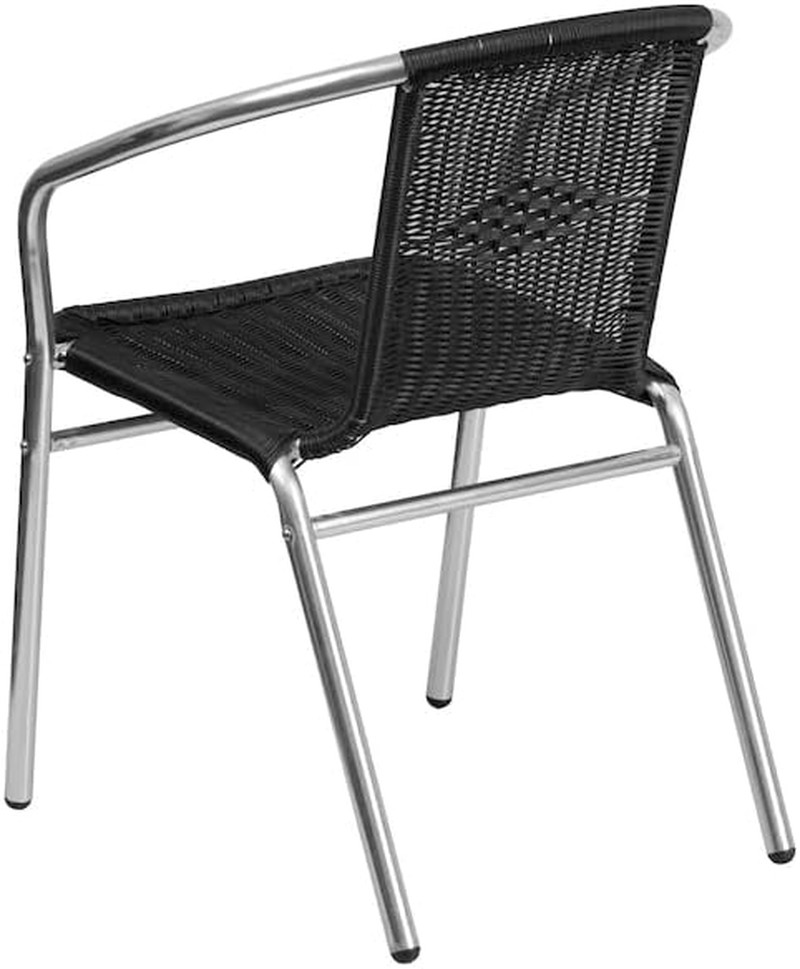 Commercial Aluminum and Black Rattan Indoor-Outdoor Restaurant Stack Chair