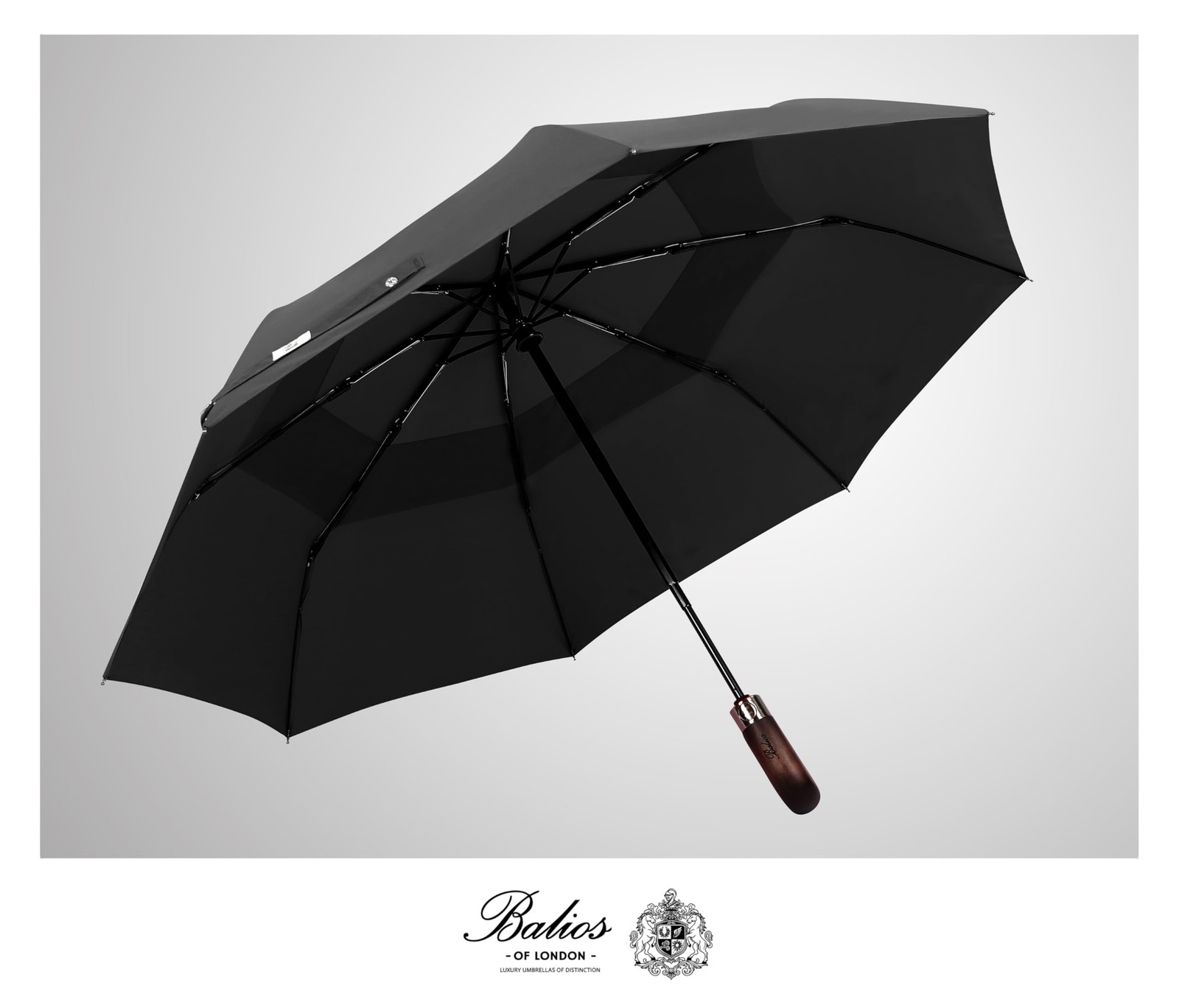 Travel Umbrella with Wood Handle | Auto Open, Close, Vented, Windproof Black