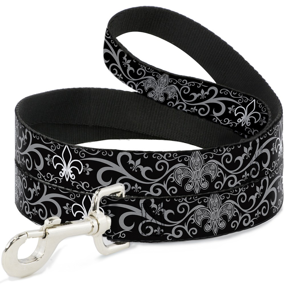 Dog Leash Fleur-de-Lis w/Filigree Black/Gray NARROW 0.5"