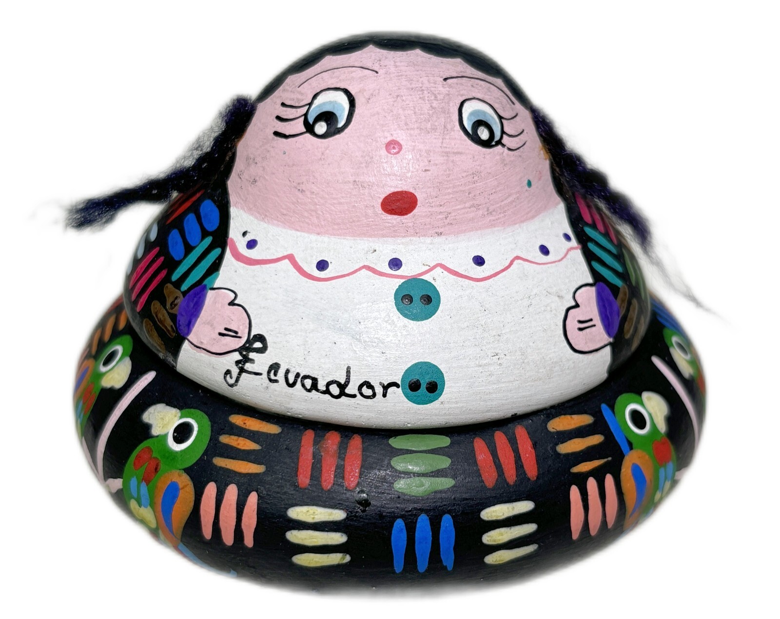 Trinket Box Girl Birds Painted Clay Ecuador Folk Art