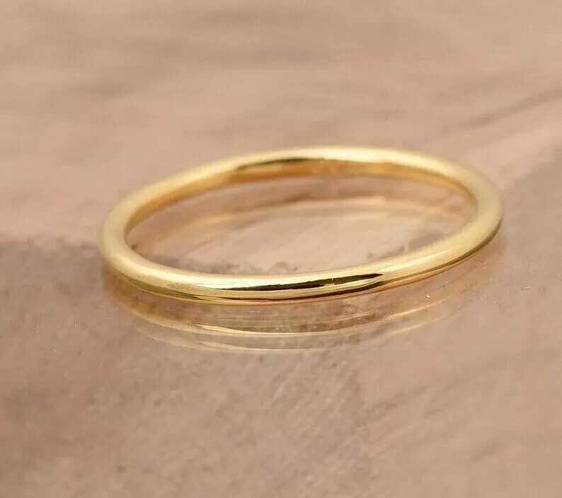 14K Yellow Gold Finish Round Wedding Band Ring Round Thin Band Ring