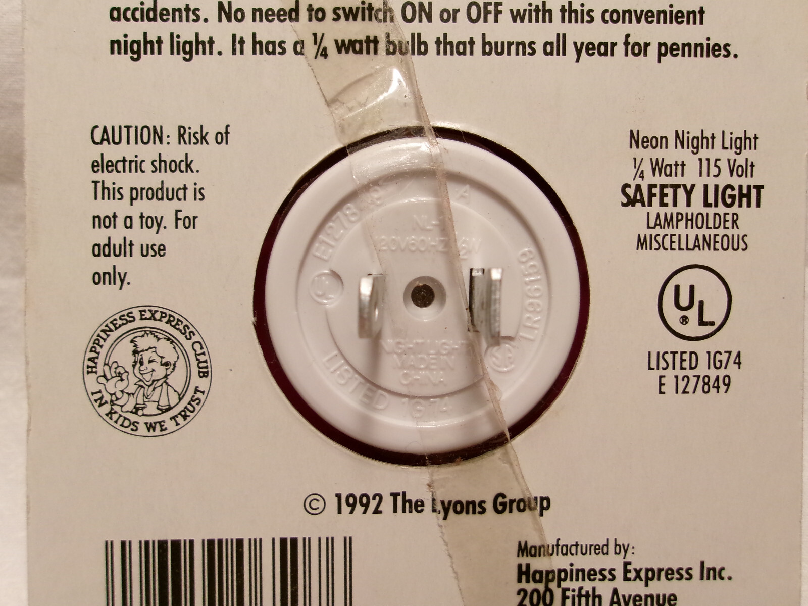 Barney Nite Light, 1992 never opened pkg, train conductor design, 6507
