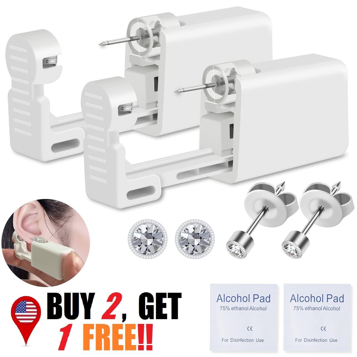 2 Sets Ear Piercing Disposable Kit Silver Stud Earring Gun DIY Home Self Set USA