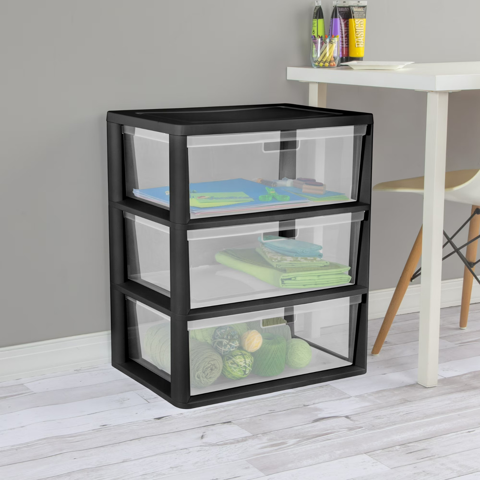 (2 pack) Sterilite Wide 3 Drawer Tower, Plastic Storage Organizer Black
