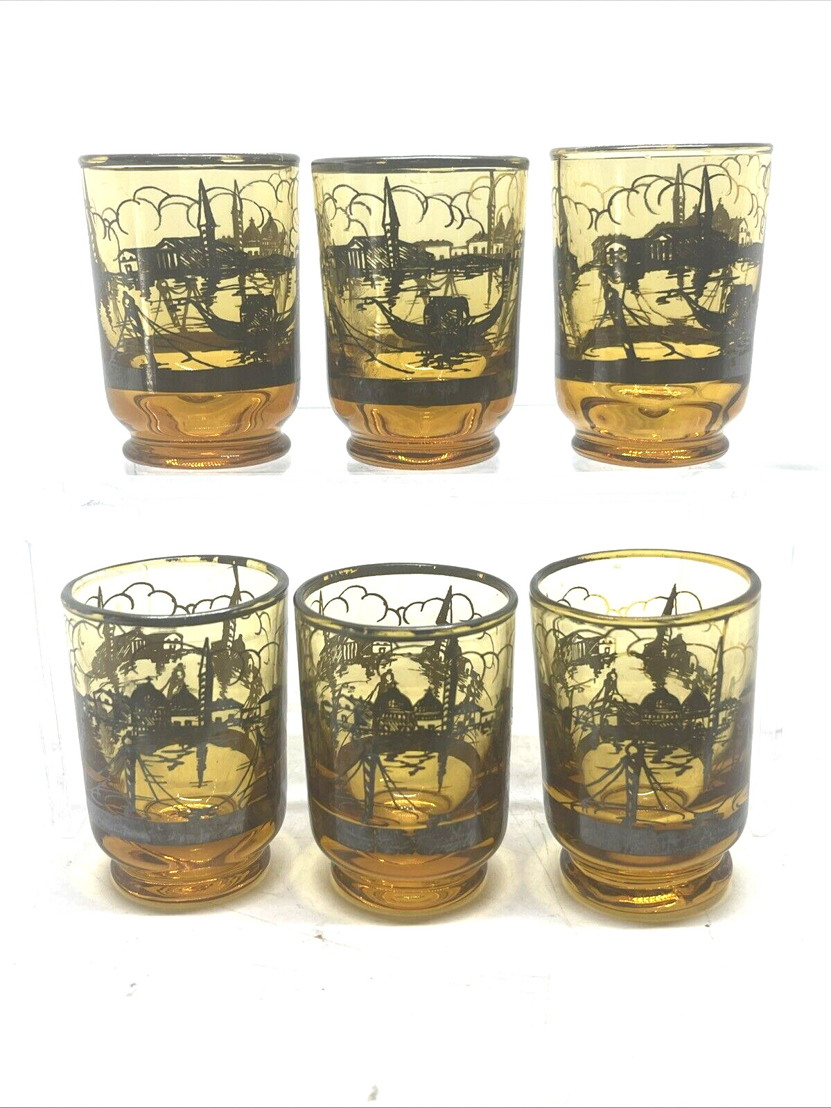 Vintage Amber Venetian Glass with Silver Overlay  Set of 6 Cordial Shot Glasses