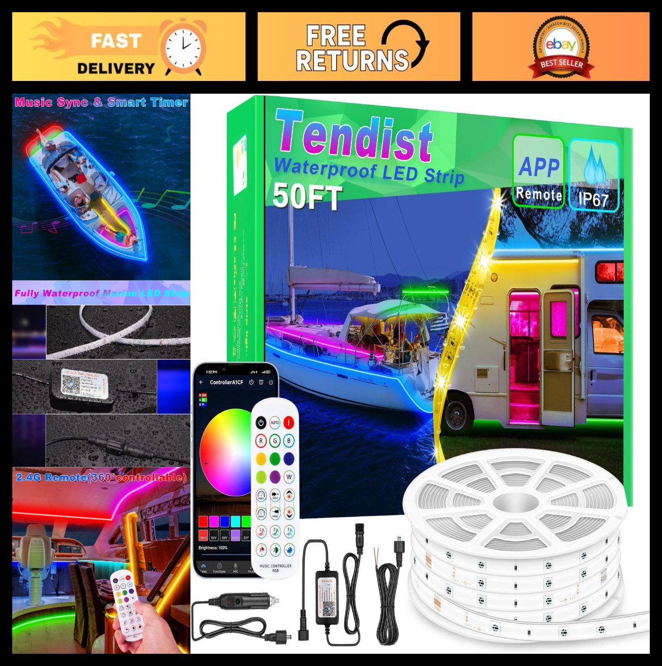 50FT Waterproof LED Boat Lights, 12V RGB Marine Strip with App & Remote, Night F