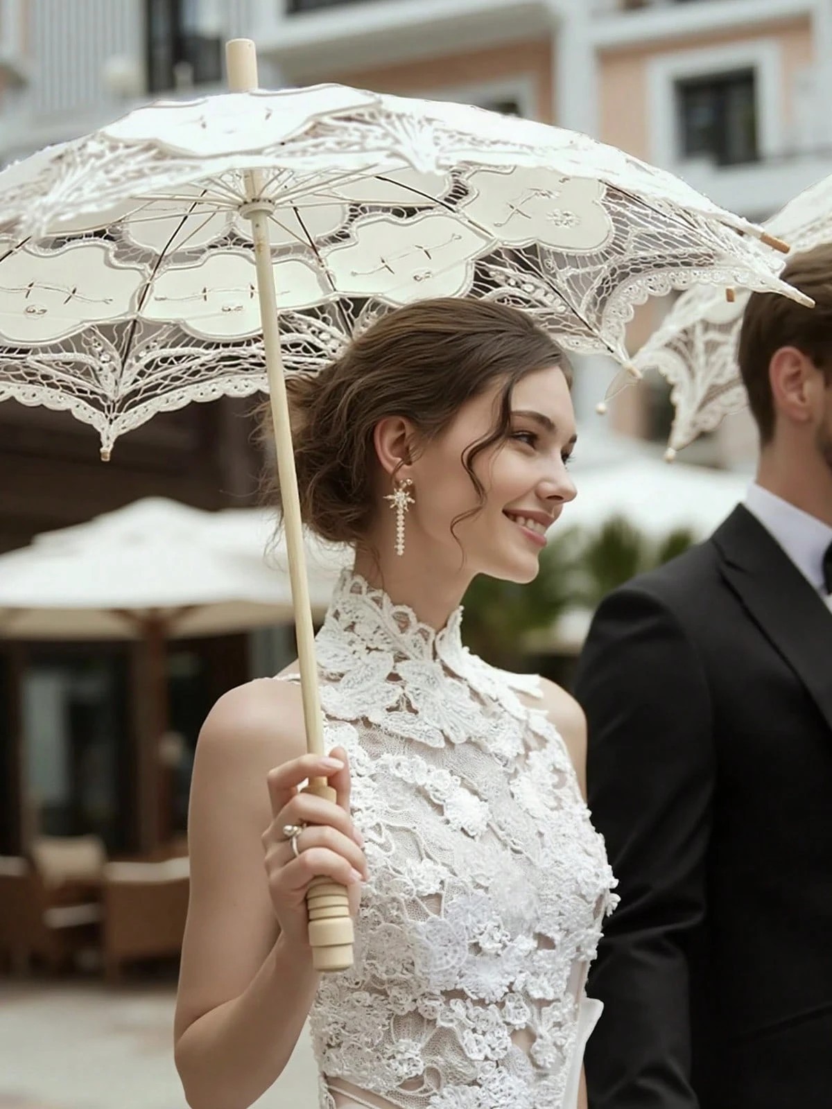 Vintage Lace Parasol Bridal Wedding Photography Prop Victorian Costume Beige
