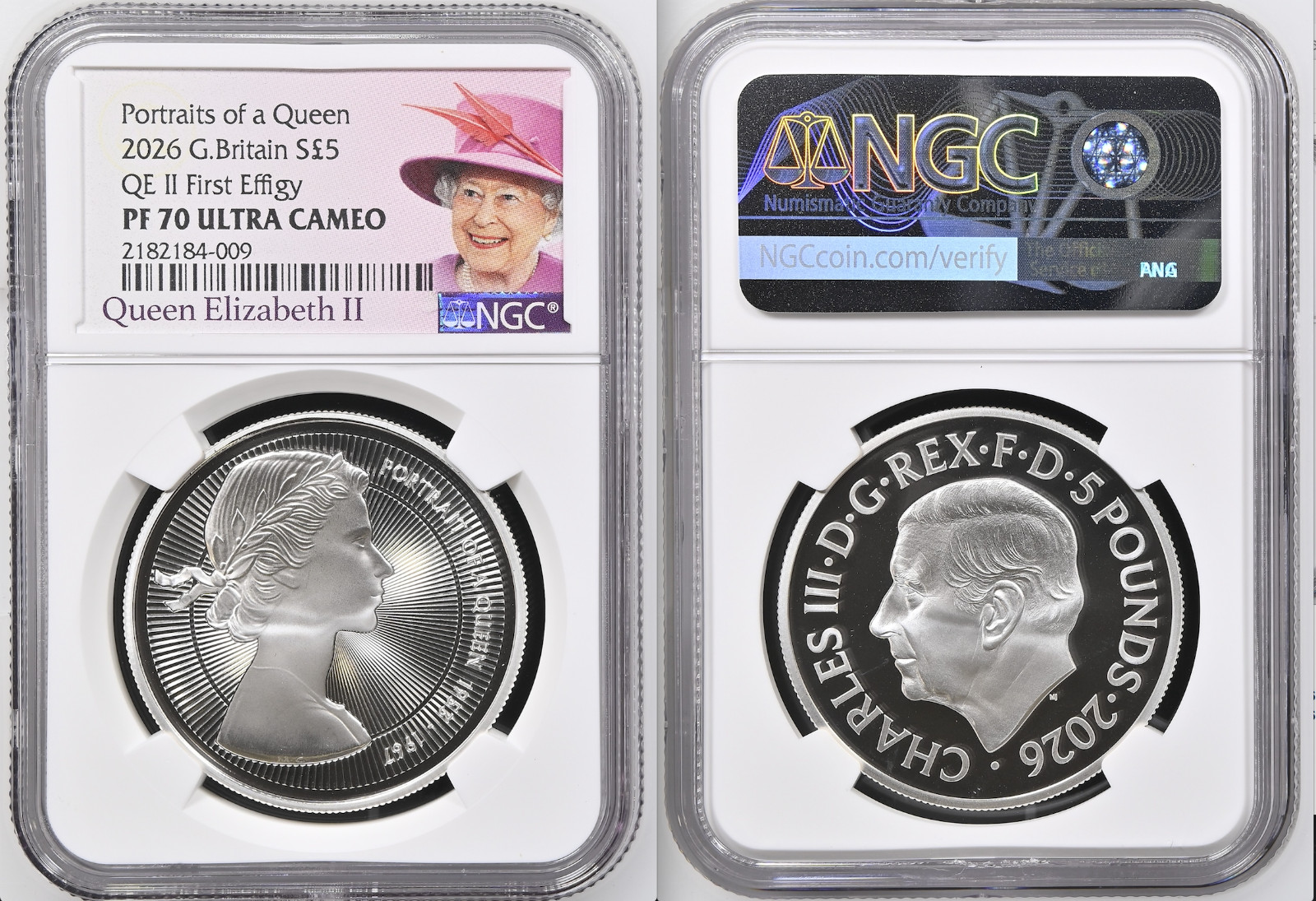 2026 GB £5 QEII PORTRAITS OF A QUEEN 1ST EFFFIGY 1OZ NGC PF70 w/OGP