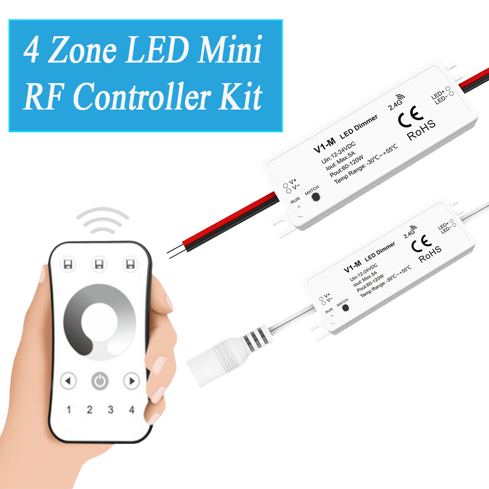 Mini RF LED Dimmer Controller + 4 zone 2.4G Remote fr 12V 24V Single Color Strip