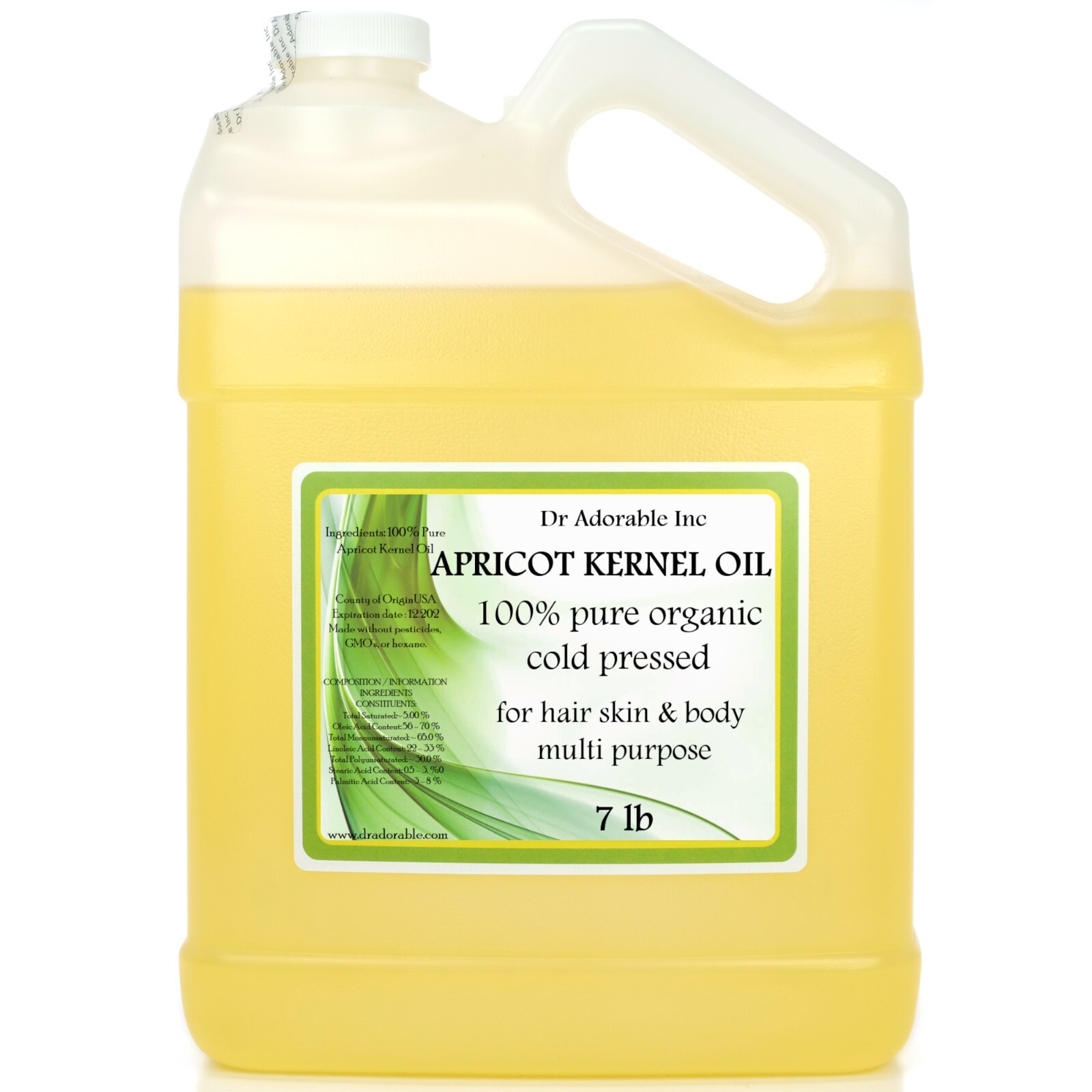 7 Lb / 1 GALLON BOTTLE ORGANIC APRICOT KERNEL OIL