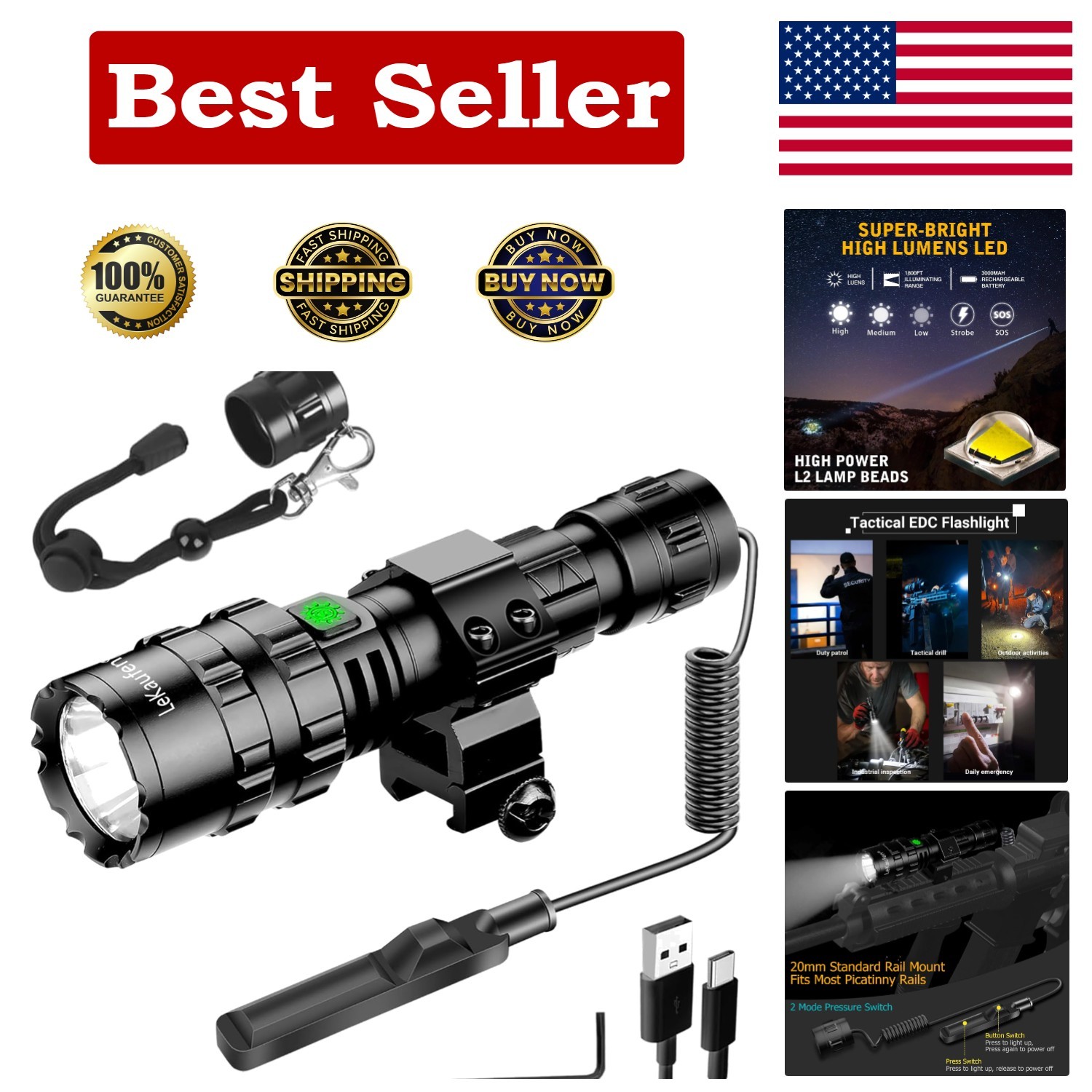 3000 Lumen Tactical Flashlight with Picatinny Rails Mount and Pressure Switch...
