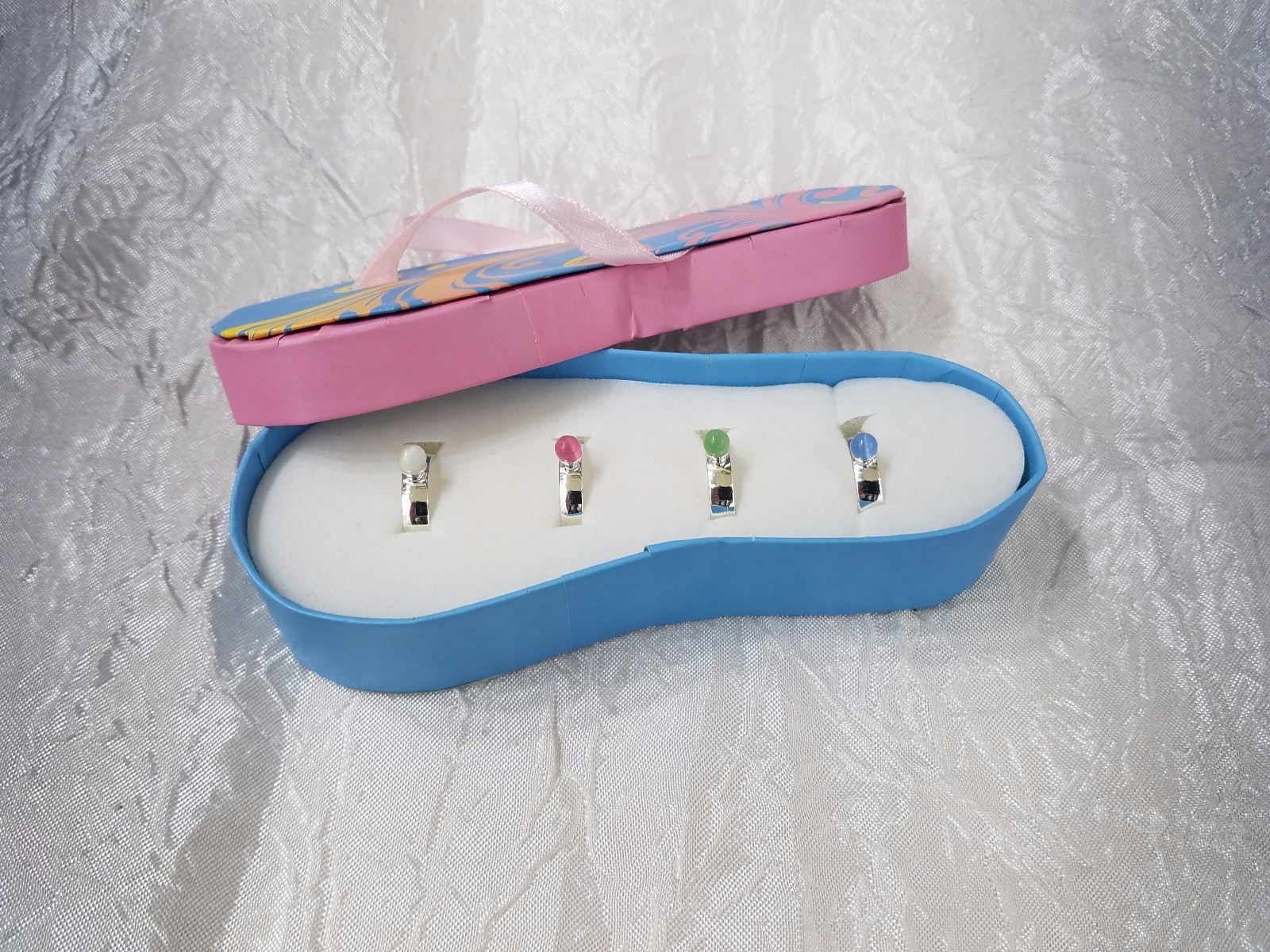 4-Piece "Pedi Party" Toe Ring Set in Whimsical Flip-Flop Box