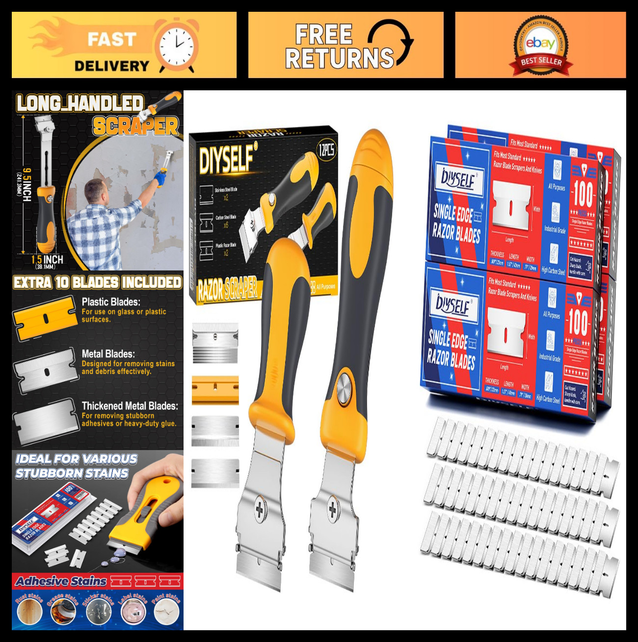400 Single Edge Razor Blades + 12PCS Scraper Set - Perfect for DIY Projects & Cr
