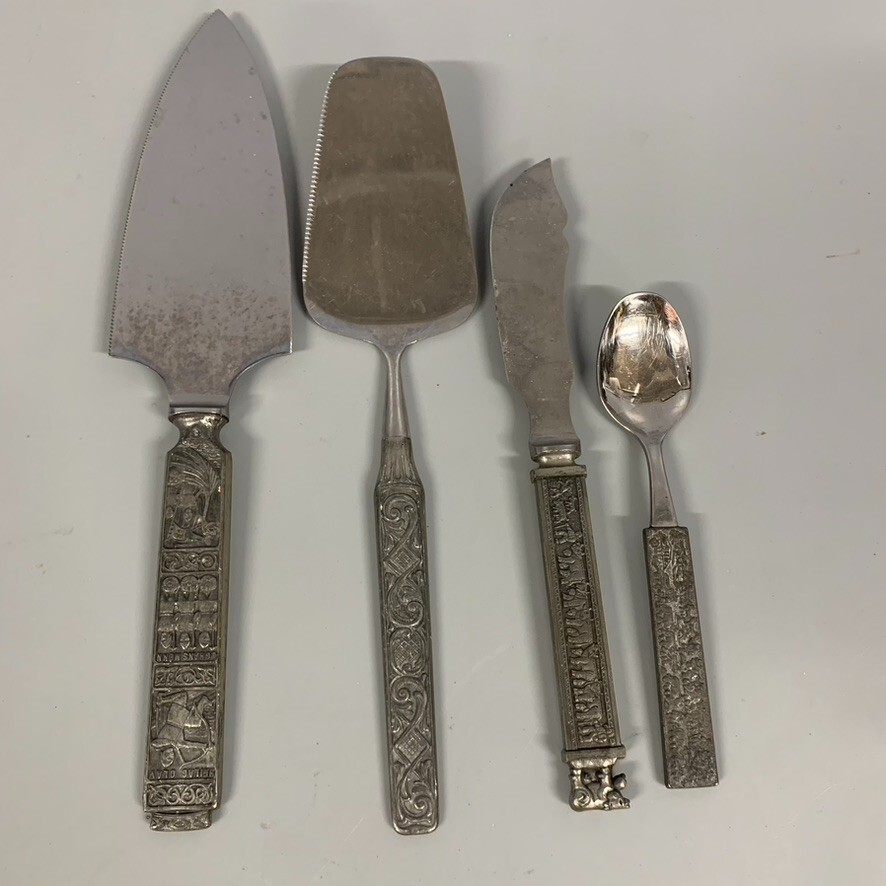 4 Pewter? Handled Cake Pie Service Set knife Spoon Charcuterie Set MCM Kitchen