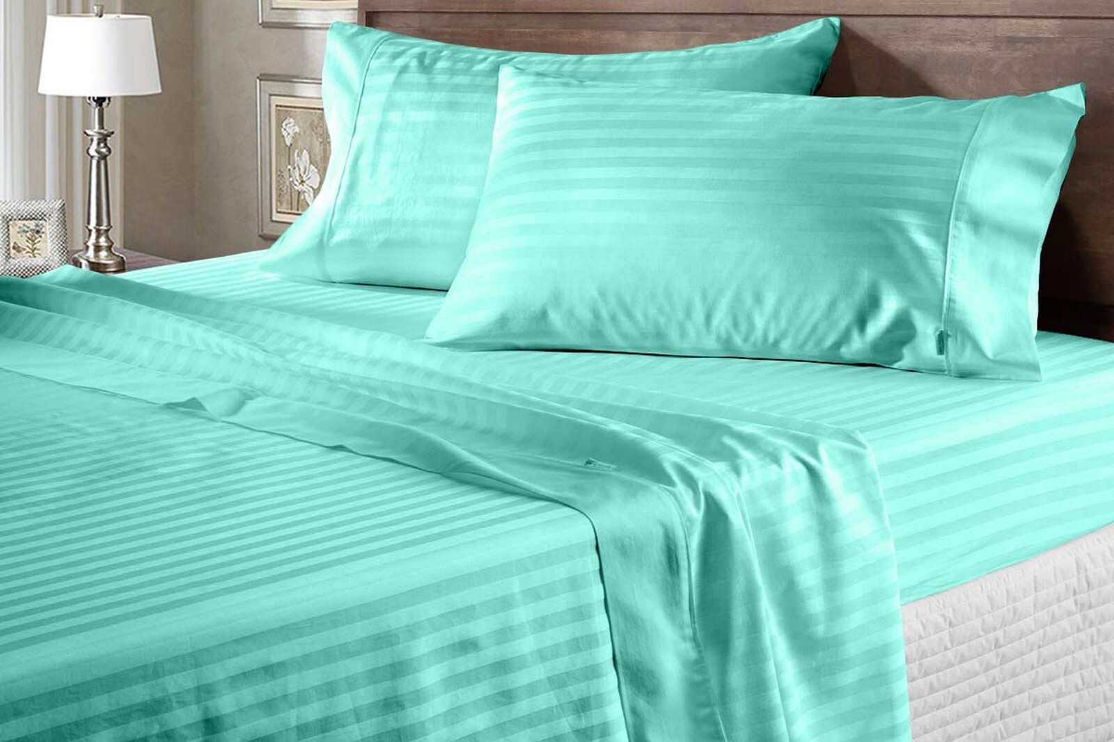 Extra Deep Pocket 4 PCs Sheet Set 1000 Count Organic Cotton Aqua Blue Stripe
