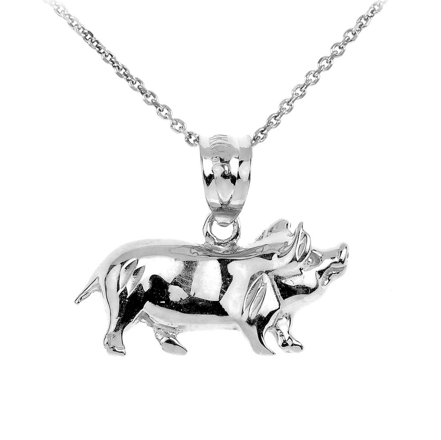 High Polish .925 Sterling Silver Pig Charm Pendant Necklace, 16"