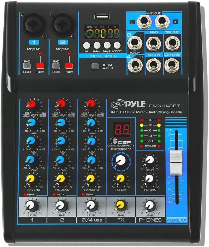 Pyle Professional Audio Mixer Sound Board Console System USB Interface 4 Channel