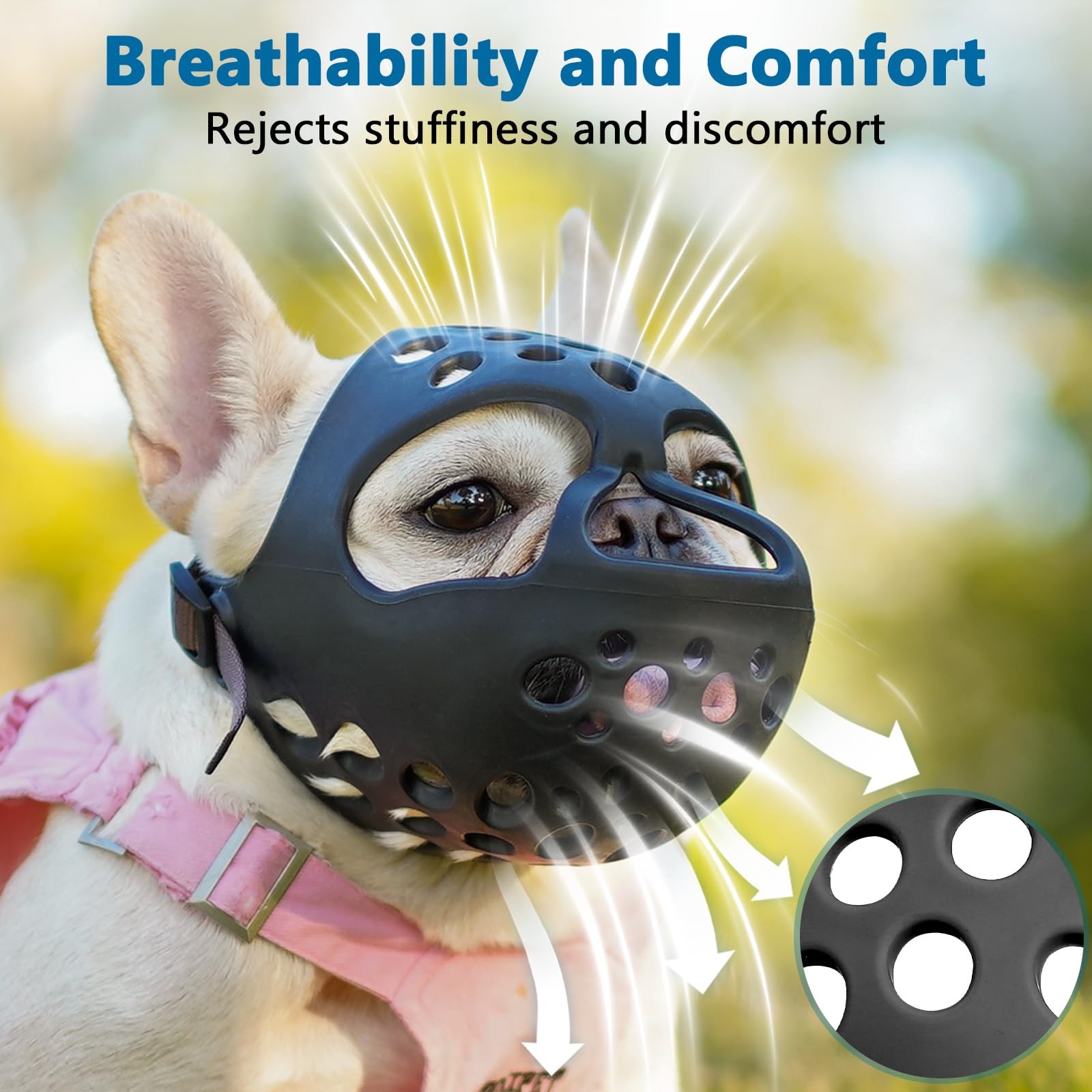 BARKLESS Short Snout Dog Muzzle, Soft Silicone Flat M（Head 15-16½"）, Black