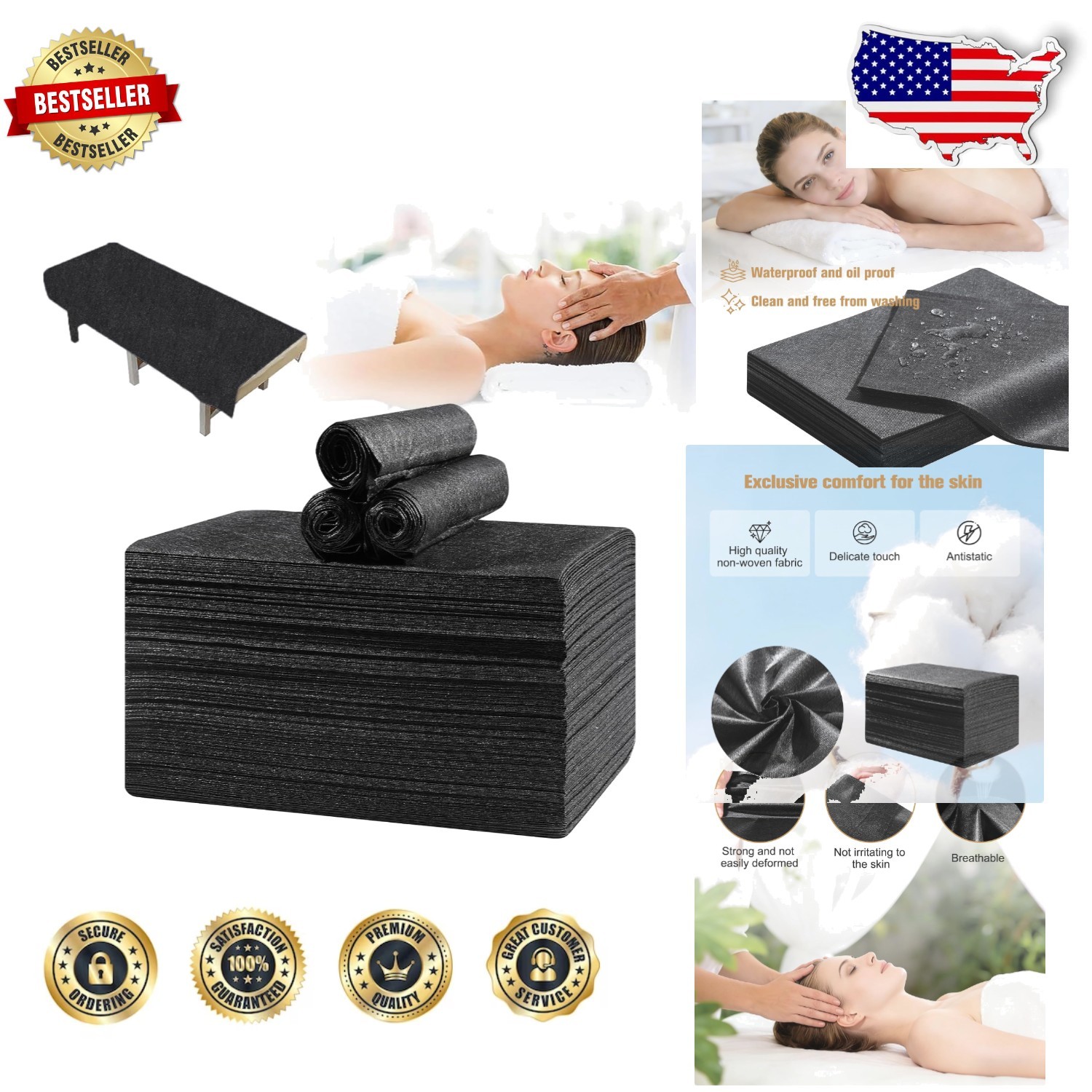 Professional 100pk Disposable Spa Sheets 31"x71" - Waterproof, Breathable, Black
