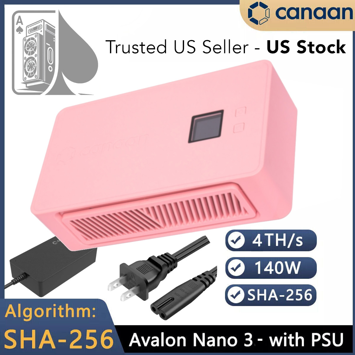 US Stock Canaan Avalon Nano 3 Pink 4TH/s with PSU BTC Solo Miner US Seller CA