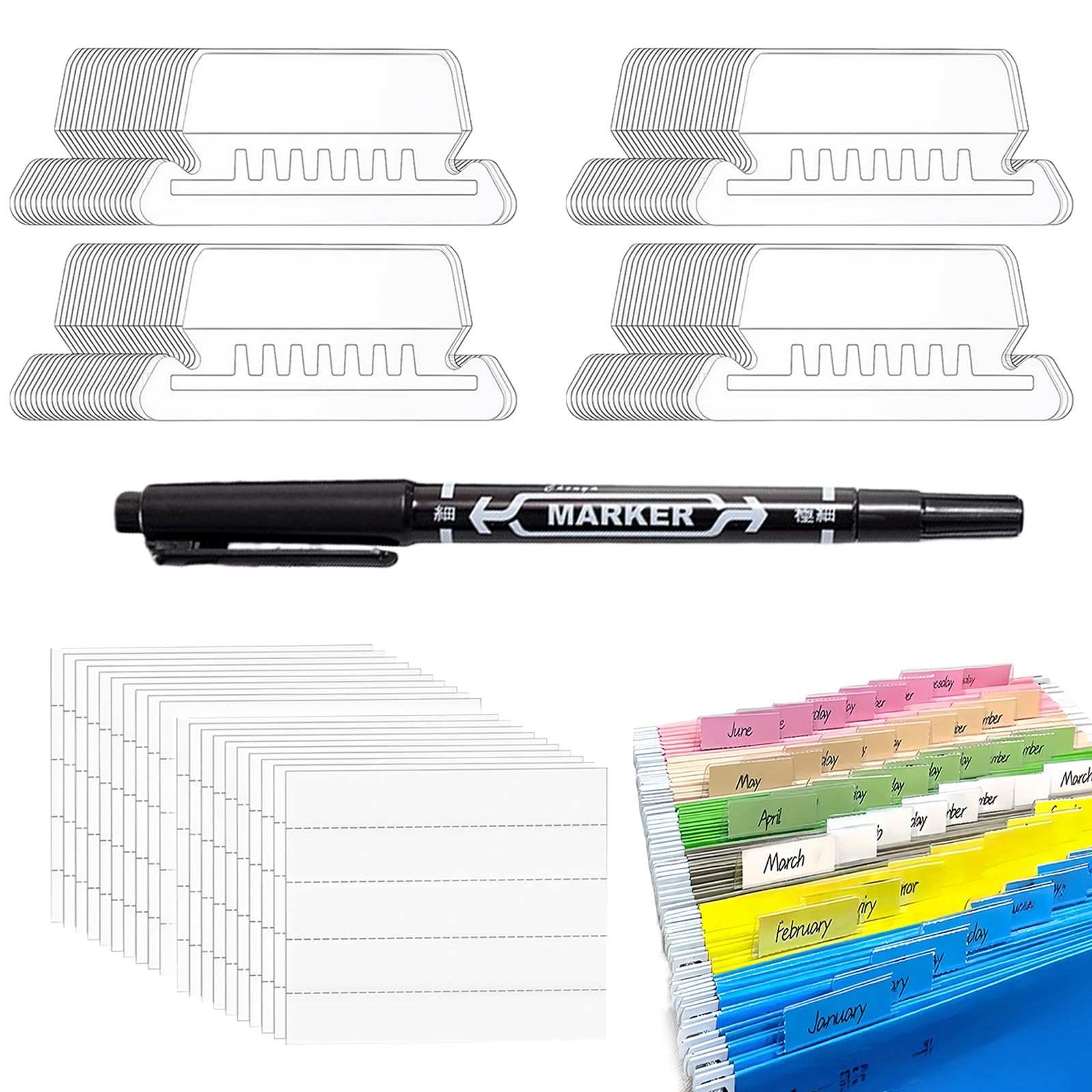 200 PCS Hanging File Folder Tabs Plastic Clear Inserts Organizer Office Desk