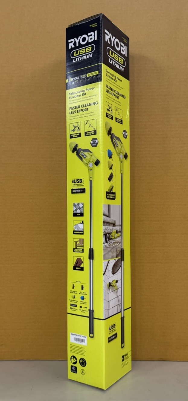 RYOBI USB Lithium Telescoping Power Scrubber Kit – 2Ah Battery, Charger & Hex