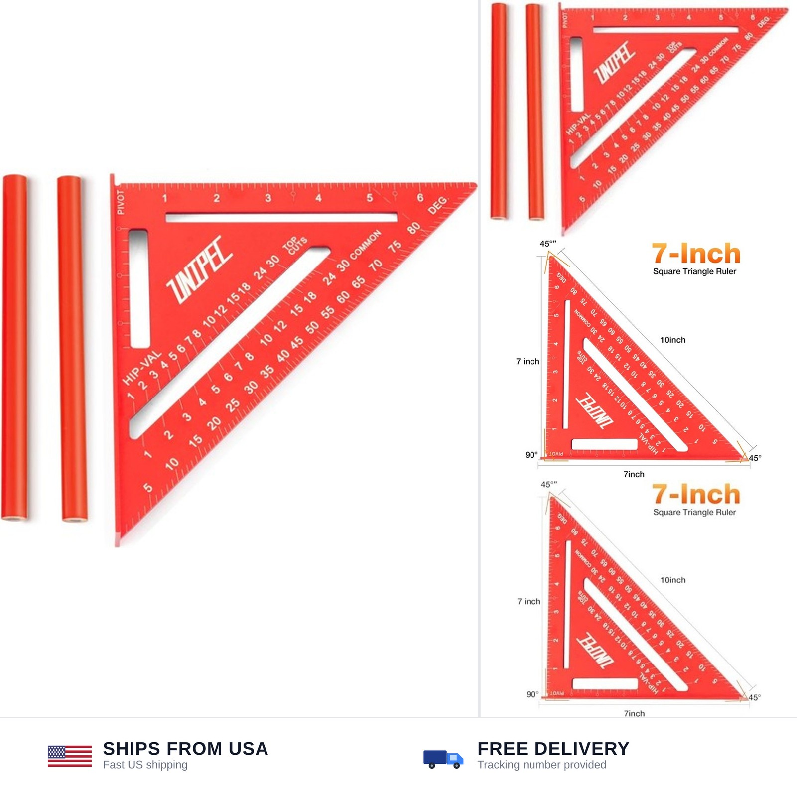 7" Aluminum Rafter Square with Carpenter Pencils | Heavy-Duty Alloy, Triangle...