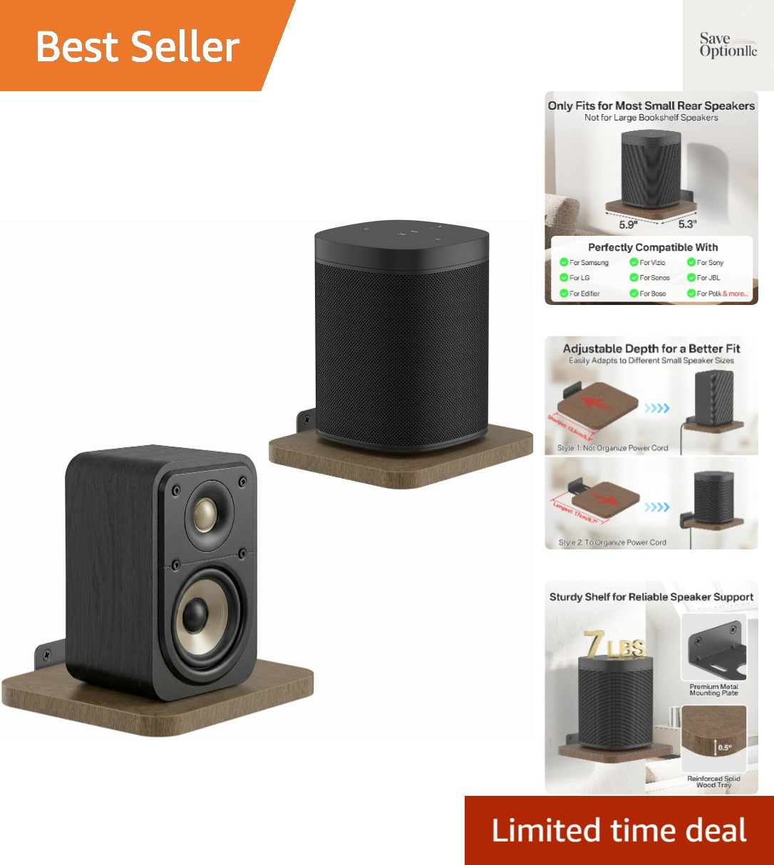 Small Speaker Shelf Wall Mount Pair, 5.3" x 6.7" Adjustable Rear Speaker Wall...