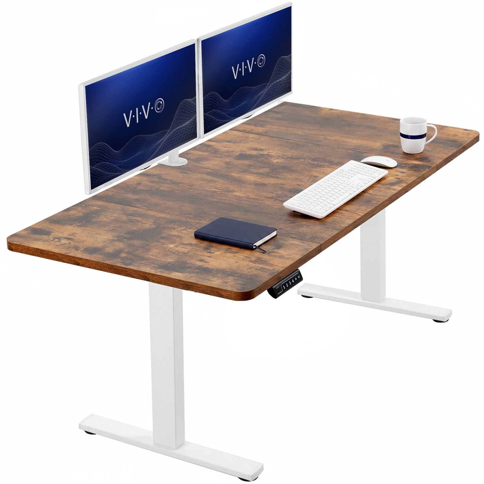 VIVO Electric 60” x 30” Stand Up Desk, Rustic Vintage Brown Top, White Frame