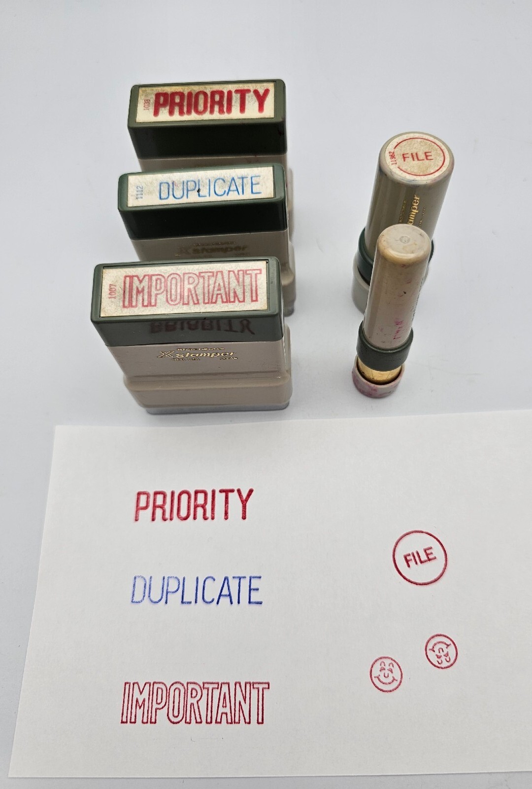 Vintage X Stamper Self Inking Stamp ~ FILE, PRIORITY, DUPLICATE, IMPORTANT & 🙂