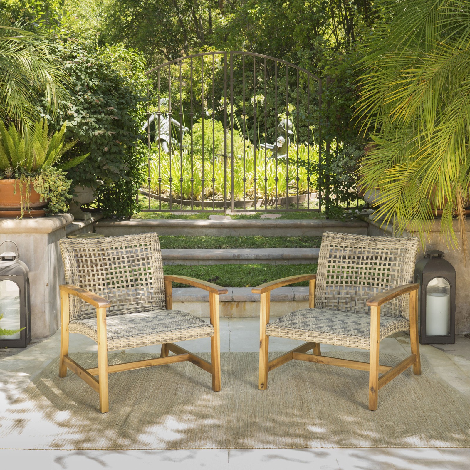 2-Piece Patio Club Chair Set, Acacia Wood Frame, Outdoor, Grey Rattan, 400lb