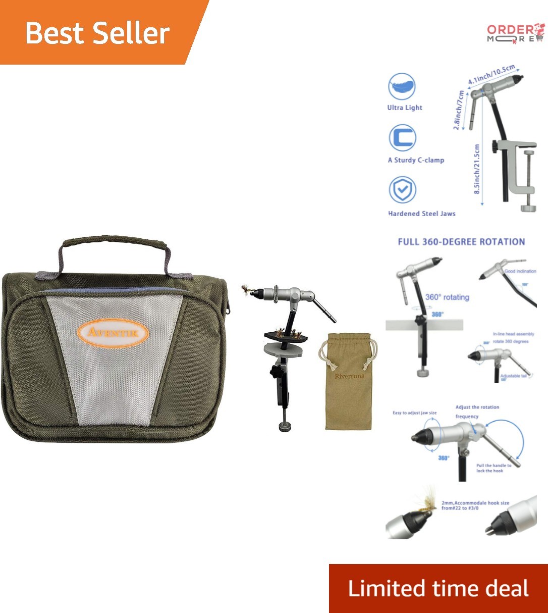 Rotary Fly Tying Vise Aluminum Travel Kit with Nylon Carry Bag