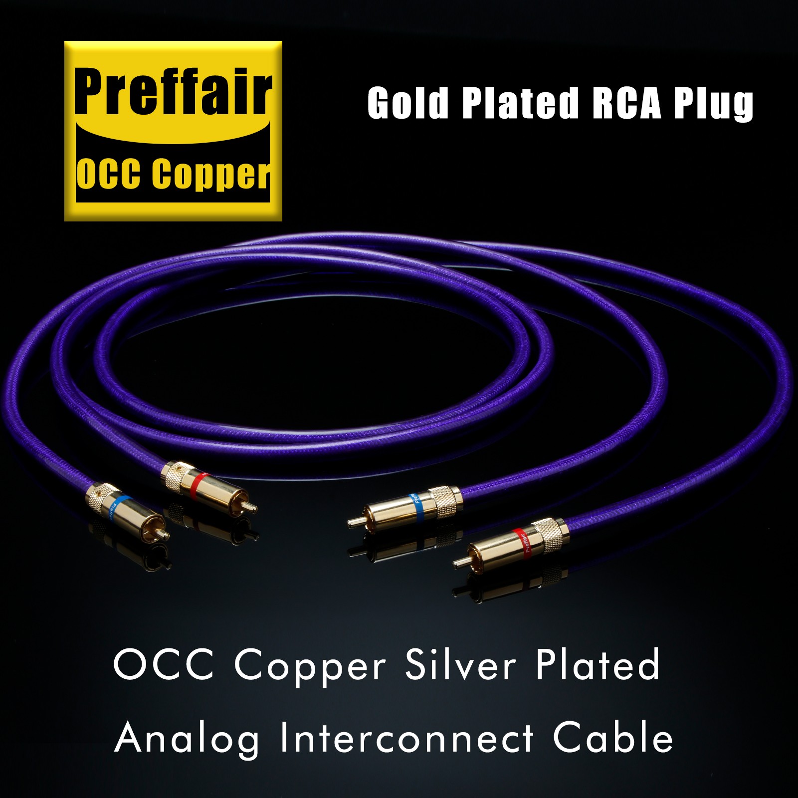 Pair OCC Copper Silver Plated Analog Interconnect Cable 24K Gold Plated RCA Plug