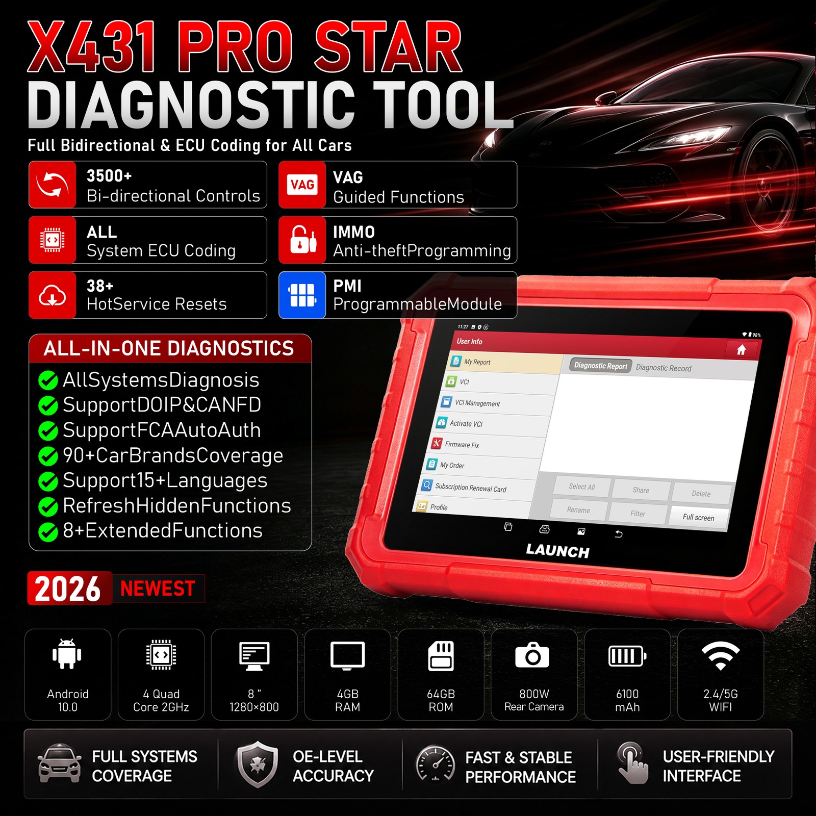 LAUNCH X431 PRO STAR =PRO ELITE Scanner Bidirectional Scan Tool Key Coding CANFD