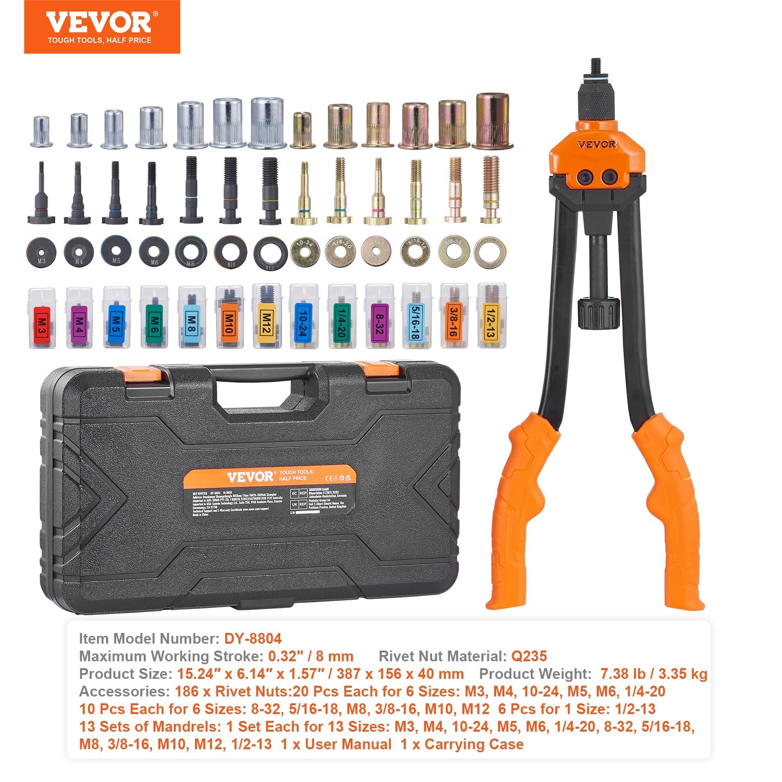 VEVOR 16" Rivet Nut Tool, Labor-Saving Rivnut Tool Kit 16", Orange & Black