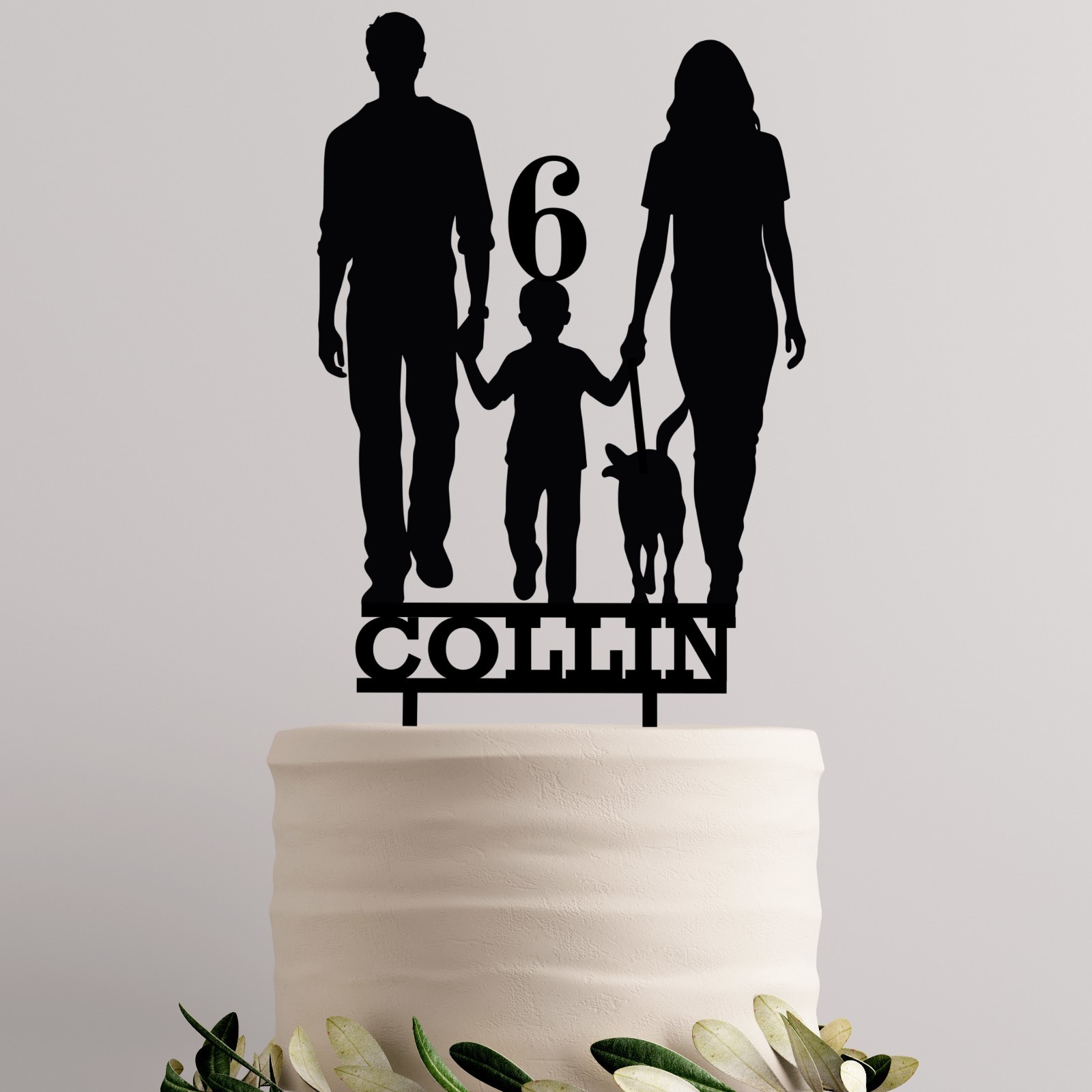 Family w/ Son Cake Topper, Dog Topper, Custom Topper, Personalized Topper
