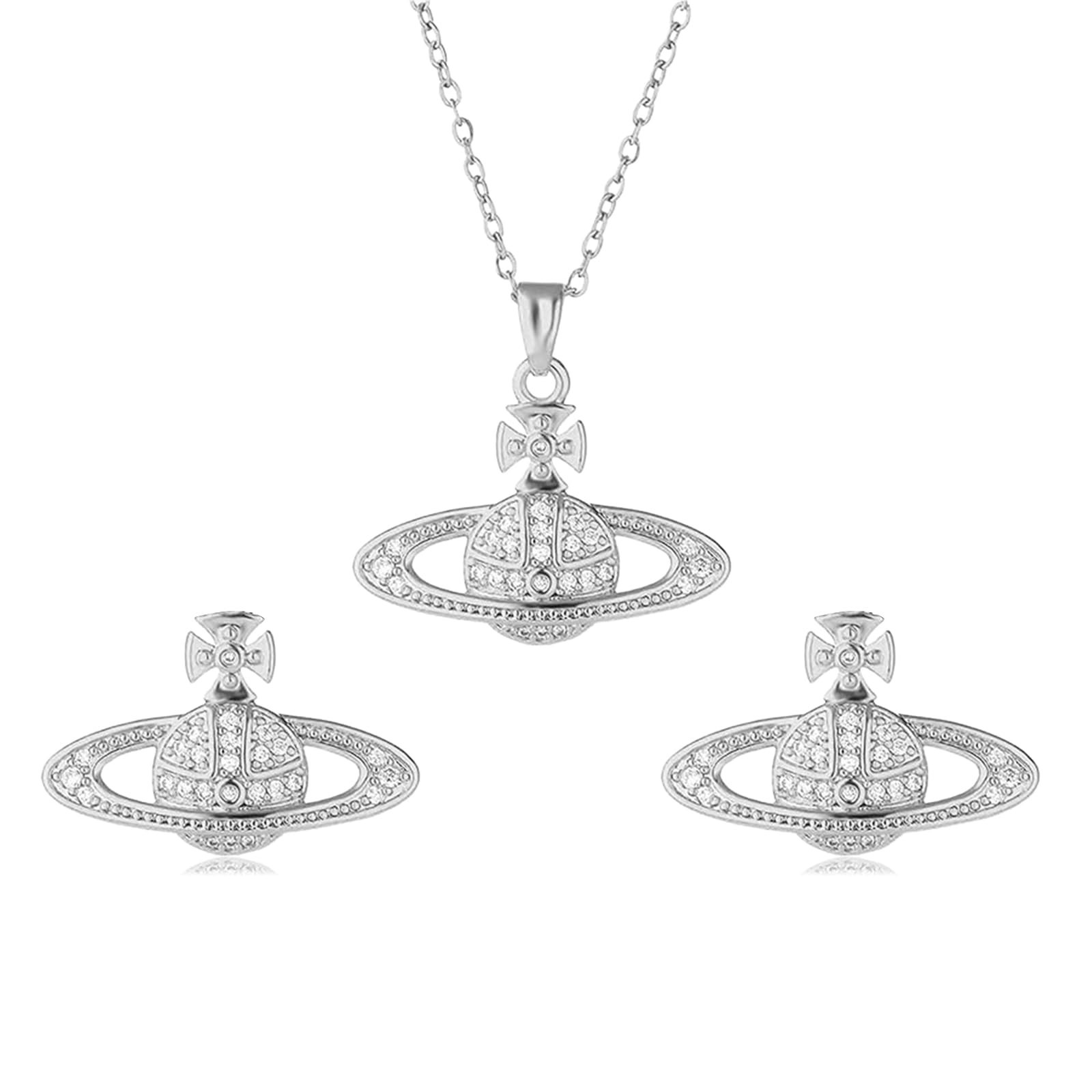 Saturn Planet Earrings Necklace Set for Women Trendy Aesthetic Rhinestone Cub...