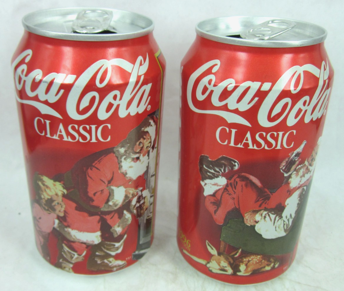 lot of 2 diff 1996 Santa scenes Coca Cola CLASSIC soda pop cans CLEAN! Christmas