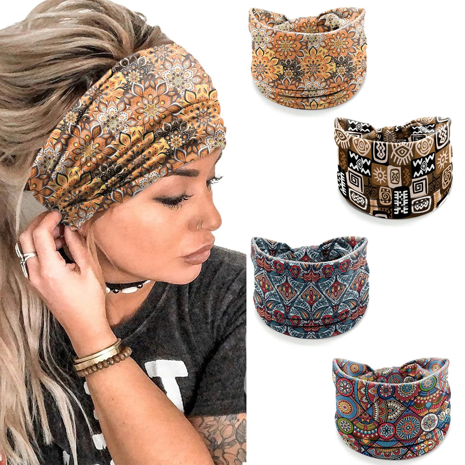 winthrop Boho Headbands for Women – 4 Pack Wide 1 Count (Pack of 4), white