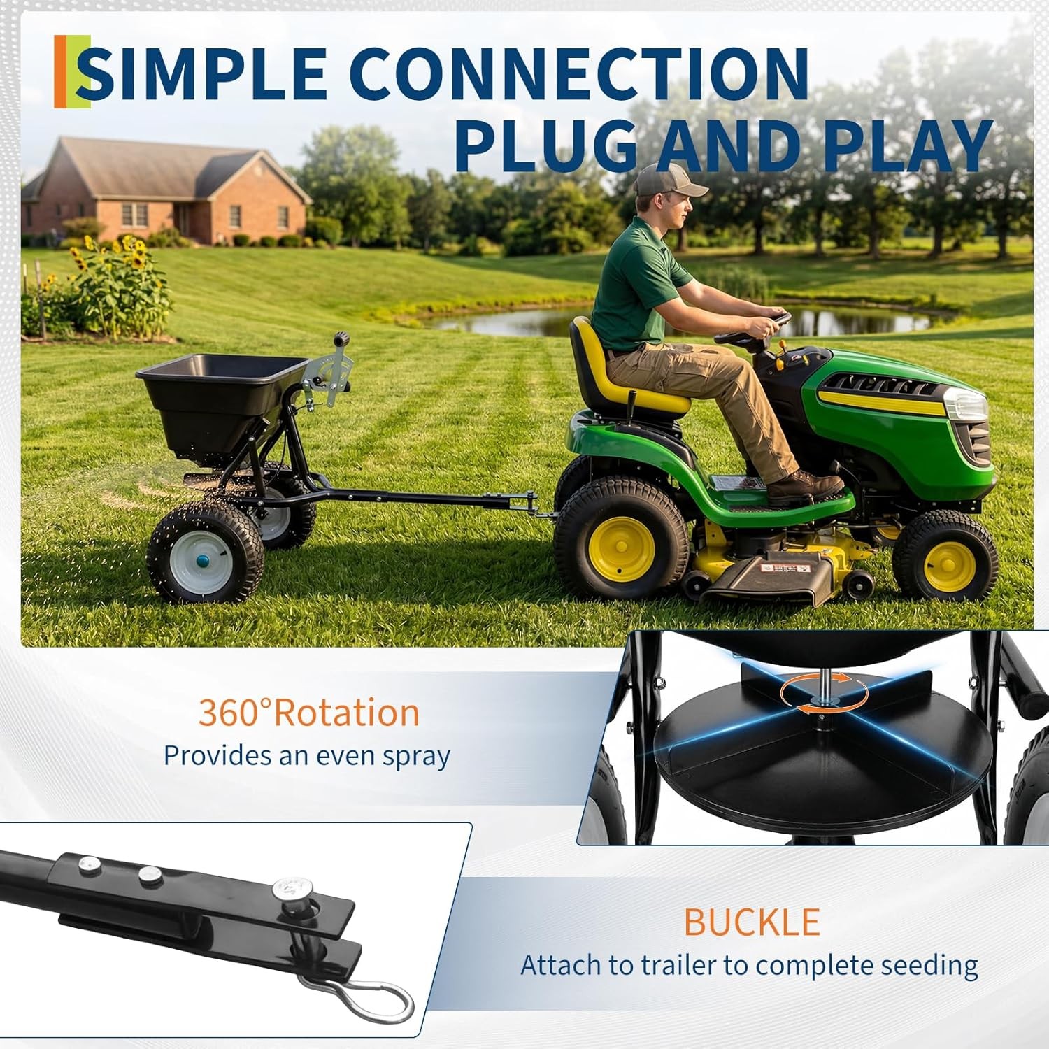 110 LBS Tow Behind Broadcast Spreader Universal Hitch Adjustable Flow Control