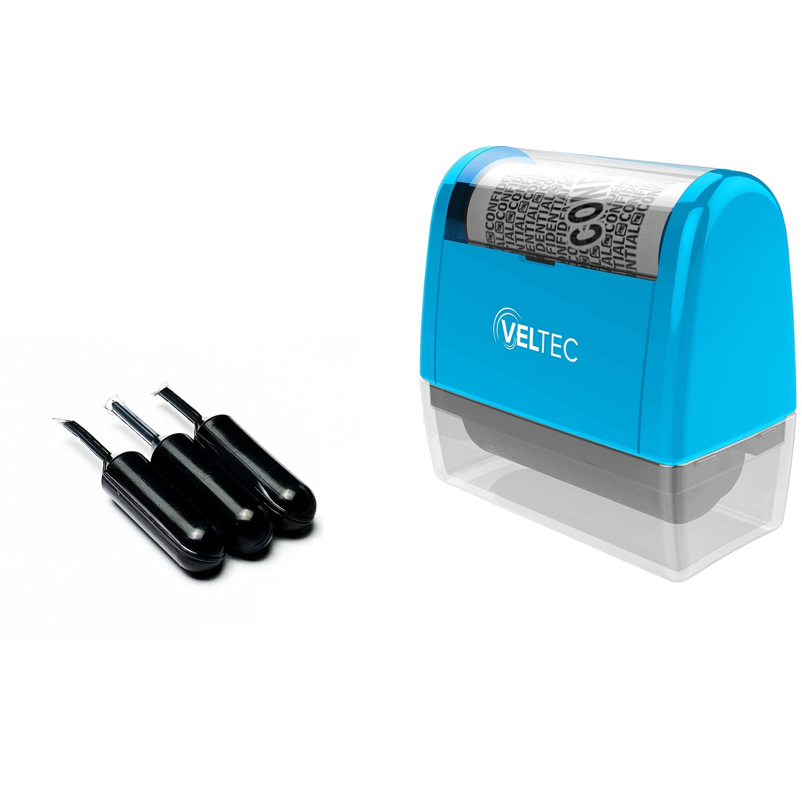Veltec ID Protector Ink Roller - Identity Theft Stamp+3 Refills, Blue