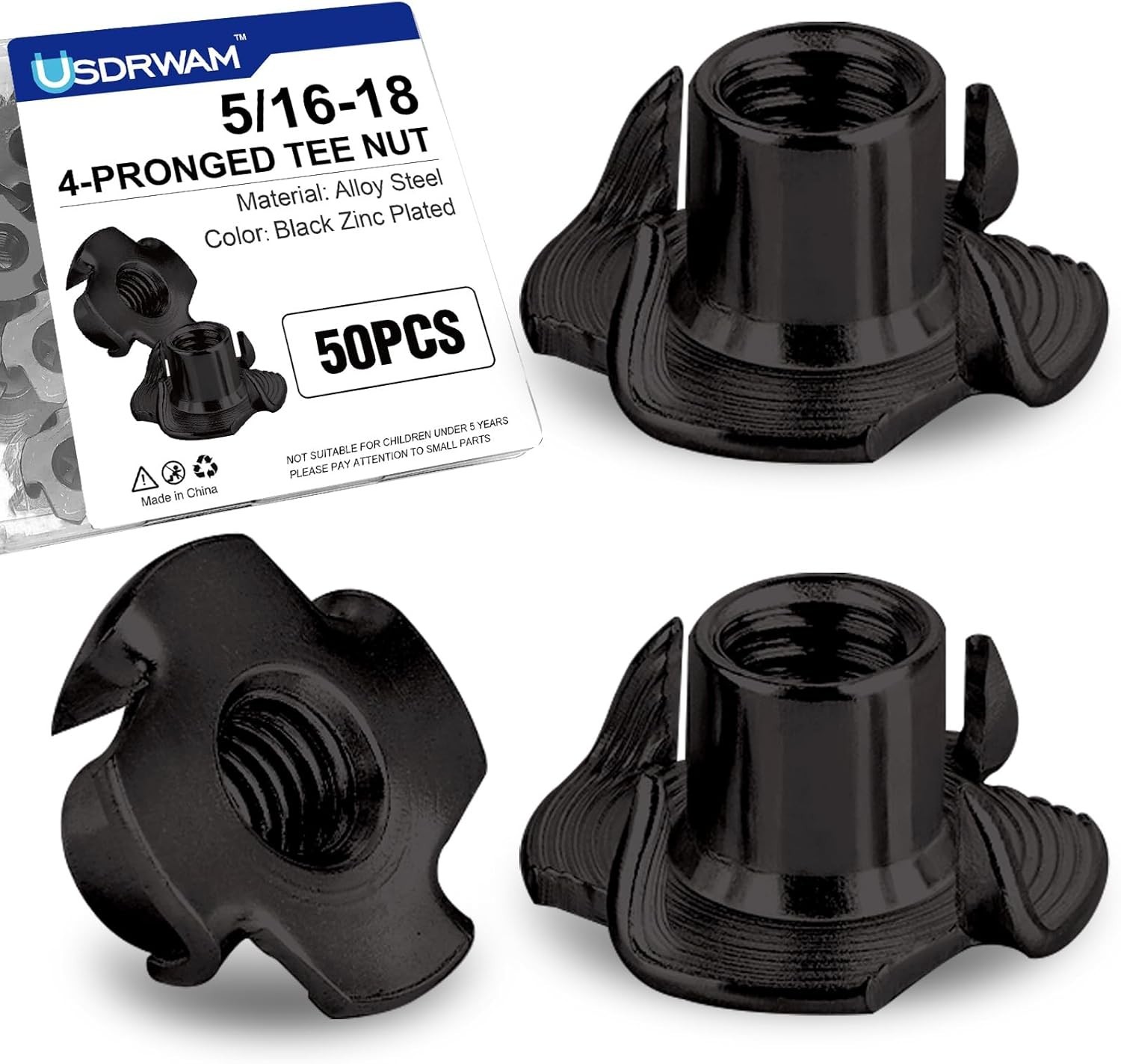 50 Pack 5/16"-18 T Nuts for Wood, Black Carbon Steel 4-Prong Tee Nuts for Fur...