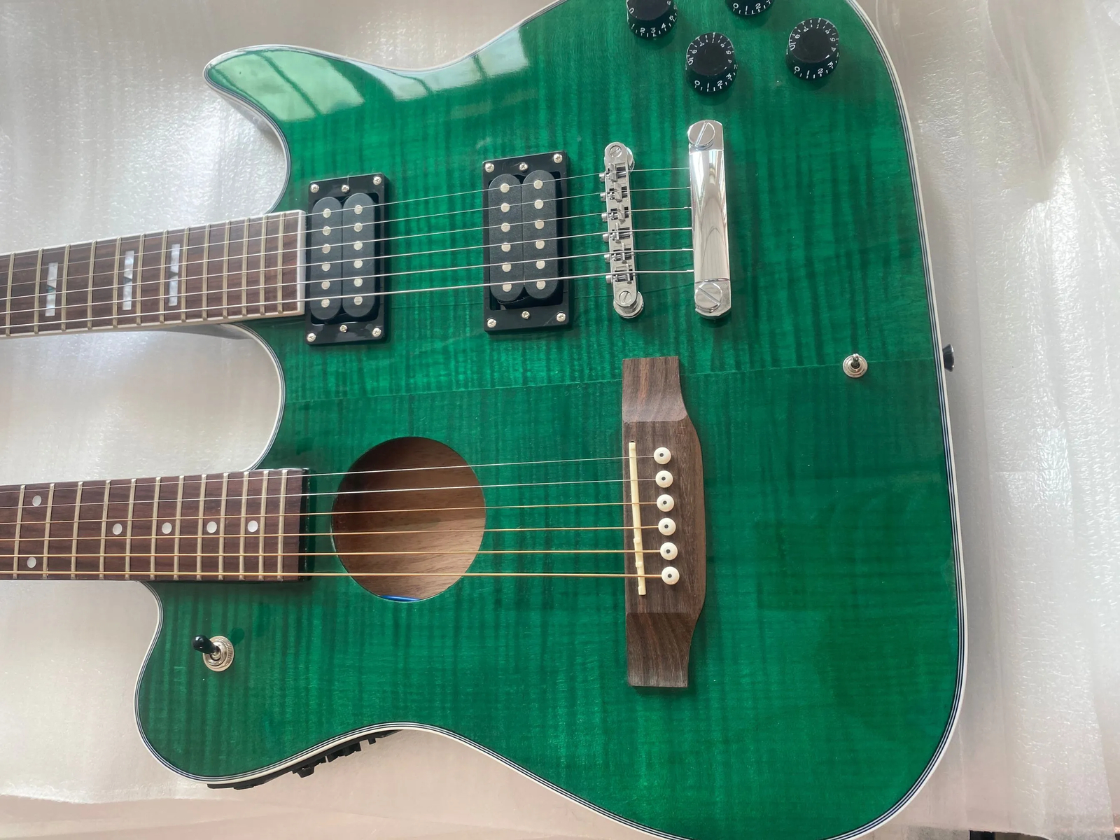 Double Neck Acoustic Green Flame Maple Top Electric Guitar Dark Black Back