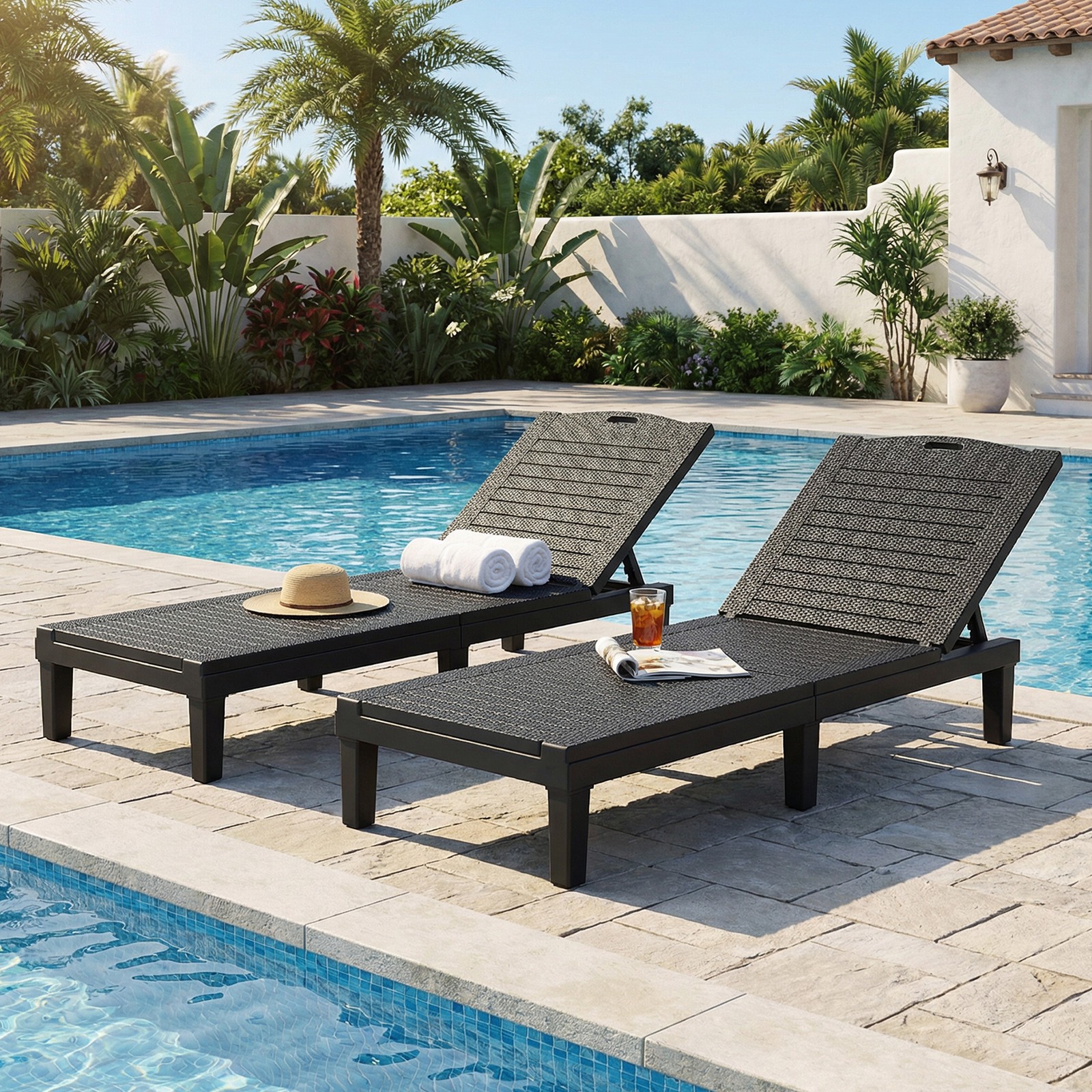 2PCS Lounge Chair Outdoor 5 Position Adjustable Pool Chaise Chair Patio Beach