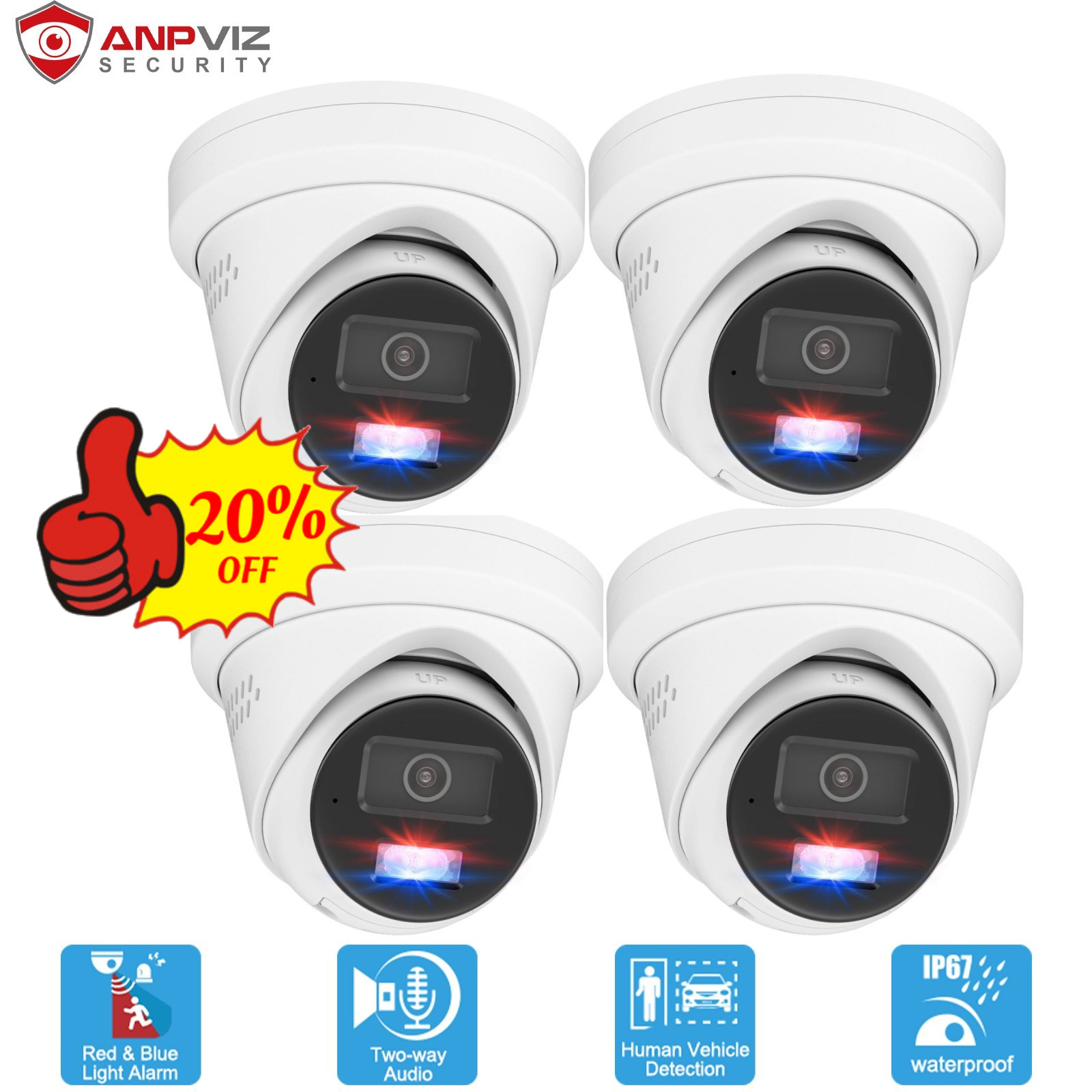 Anpviz 5MP PoE IP Camera Strobe Red & Blue Light Smart Color Night Vision 4PCS