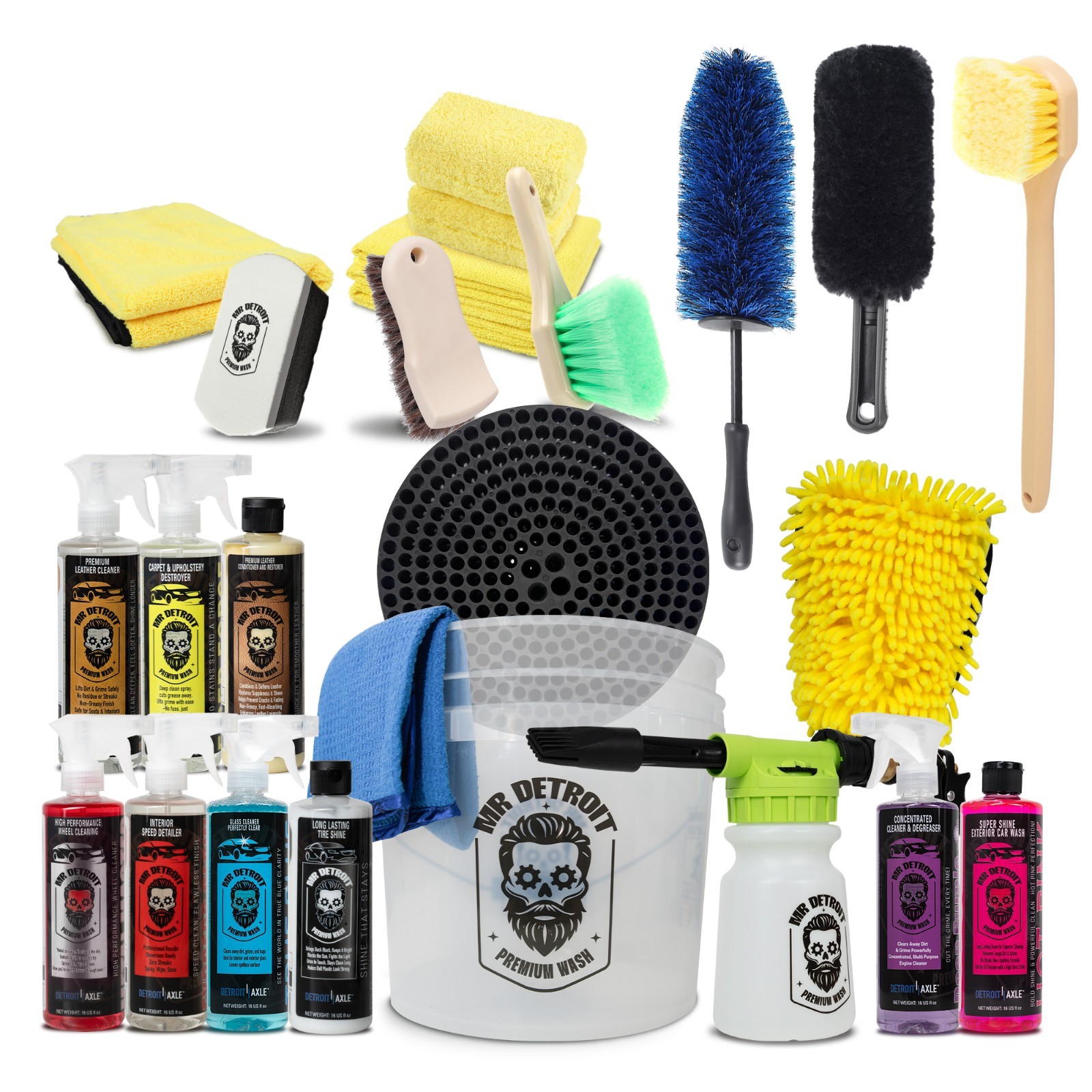 Mr. Detroit - 23pc Auto Detailing Kit – Foam Cannon, Towel, Wheel Brush, Cleaner