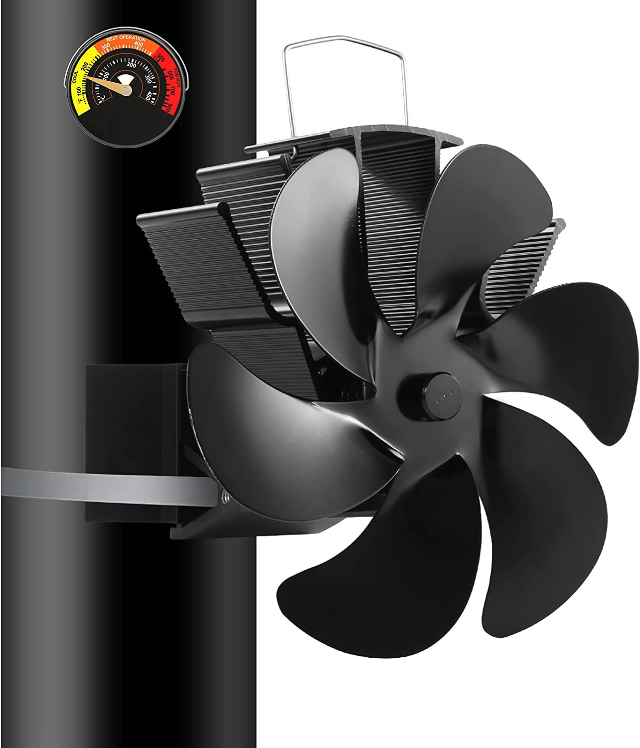 6-Blades Wood Stove Fan with Hose Clamp, Pipe Heat Powered Stove Fan Thermometer