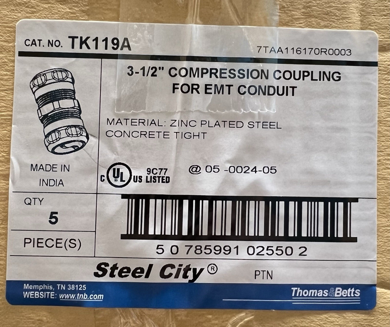 T & B Steel City TK119A (5 Pcs) 3-1/2" EMT Compression Couplings
