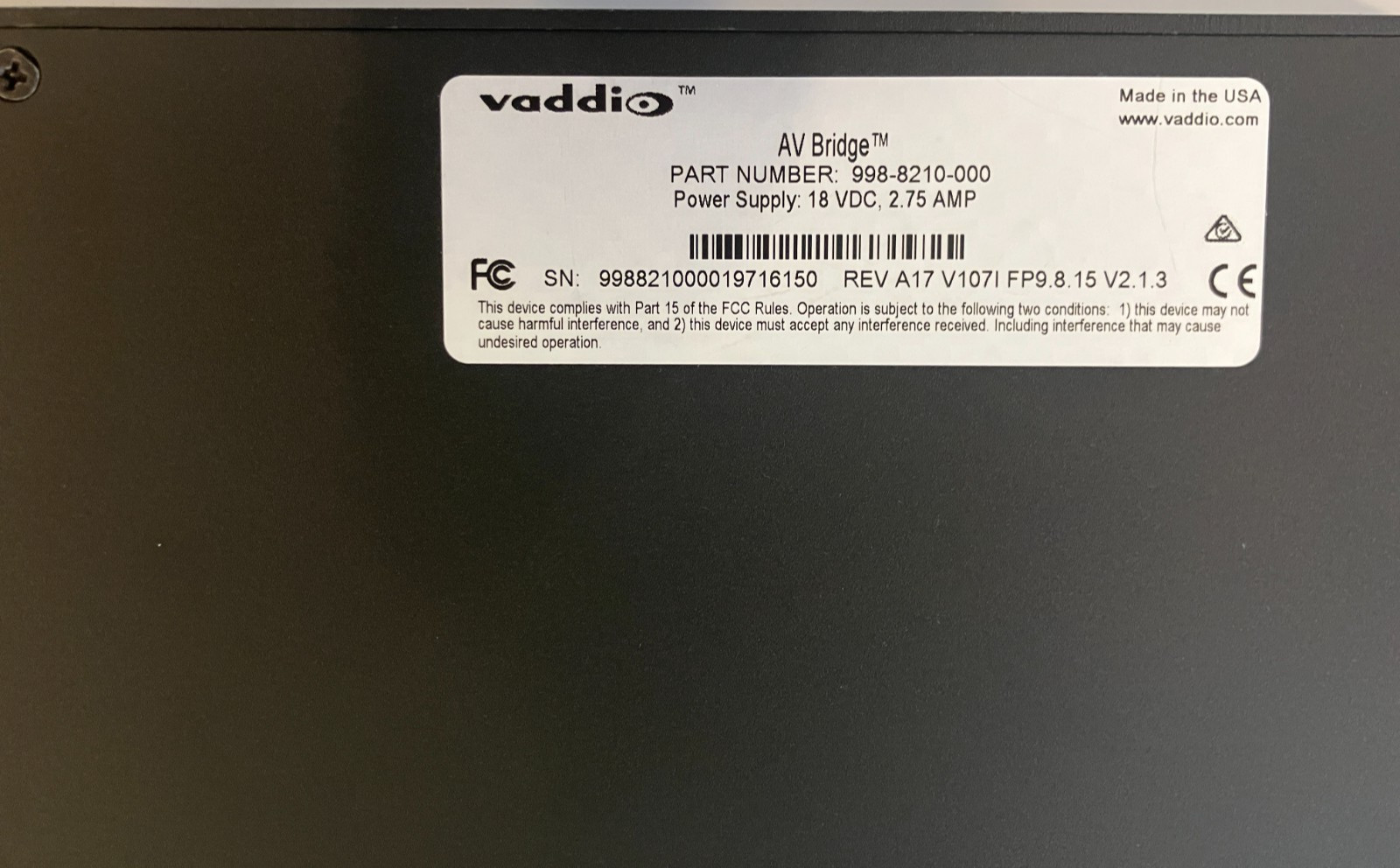 Vaddio AV Bridge 998-8210-000 w/Power Supply