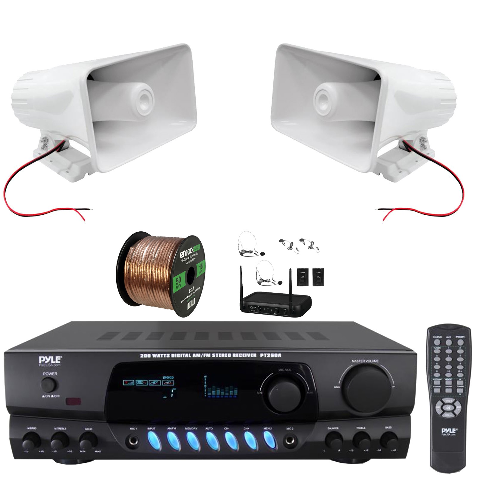 Pyle PT260A Audio Display Home Receiver, 2x 8'' 65W PA Horn Speakers, Mic System